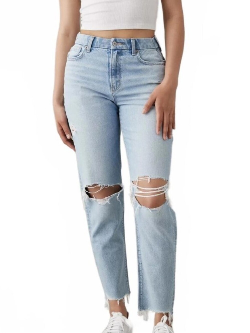 American Eagle Light Wash Strigid Distressed Curvy Mom Jean Size 14 Short